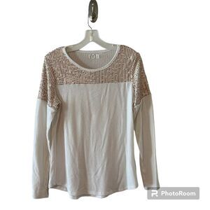 Maurices 24/7 Shirt Cream Pink Sequin Long Sleeve Stretchy‎ Top Medium